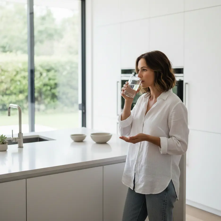 New mother taking placenta capsules in her kitchen